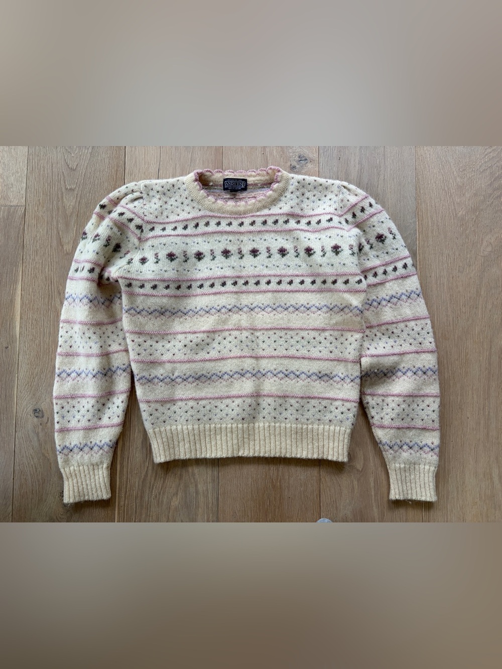 Vintage Lands End 100% wool fair isle knit floral cottagecore - sz med